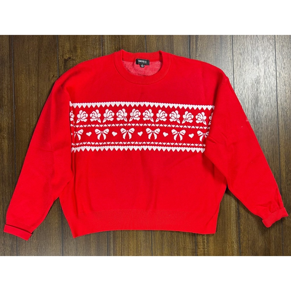 Forever 21 Red Heart Rose Bow Knit Sweater Crew Neck Large Pullover